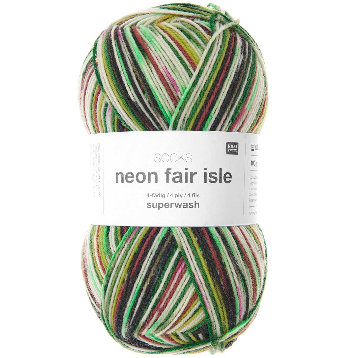 Fil pour chaussette Rico Socks Neon Fair Isle 4 fils forest