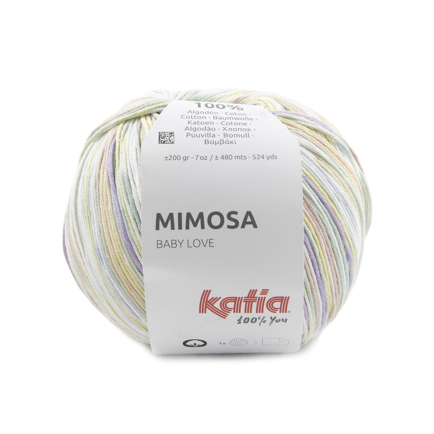 Mimosa 100% Coton Katia 308 Rose clair-Lilas clair-Blanc-Jaune pastel-Vert turquoise