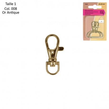 MOUSQUETON SANGLE 2pces couleurs or antique 3 tailles