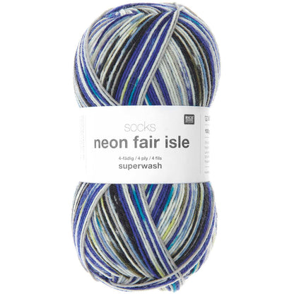 Fil pour chaussette Rico Socks Neon Fair Isle 4 fils aqua