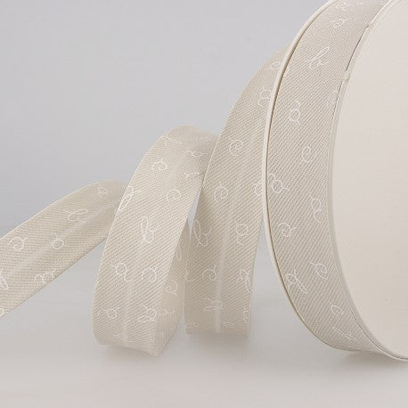 Biais motifs ABC 25 mm blanc écriture beige 145